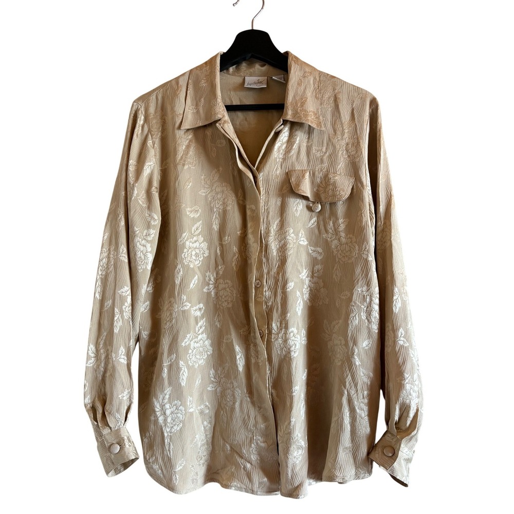80s Jacqueline‎ Ferrar Champagne 100% Silk Floral Jacquard Blouse Vintage SZ S